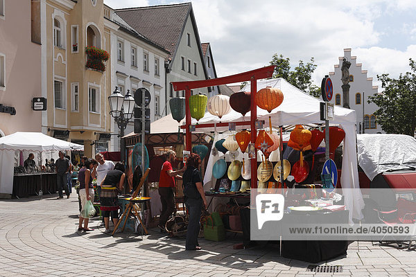 Stalls on a market in Schongau  Pfaffenwinkel  Upper Bavaria  Germany  Europe