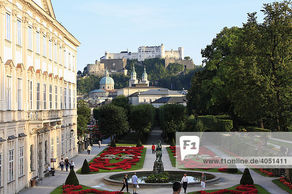 Mirabell Palace and Mirabell Gardens with Pegasus fountain  Cathedral  Festung Hohensalzburg  Hohensalzburg Fortress  Salzburg  Austria  Europe