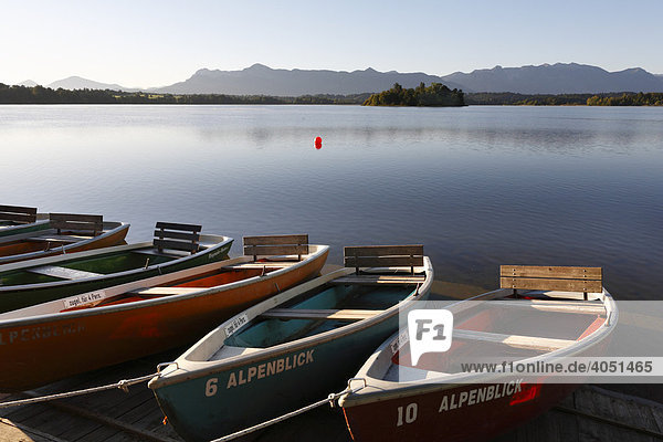 Ruderboote vor Restaurant 'Alpenblick'  Staffelsee bei Uffing  Oberbayern  Deutschland  Europa