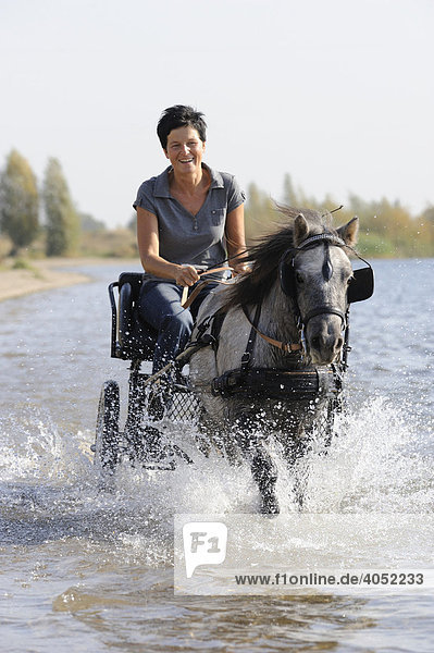 Young woman riding through the water in a carriage
