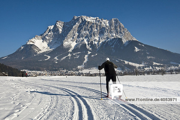Cross-country skier in front of Zugspitze  Zugspitz Arena  Tyrol  Austria  Europe