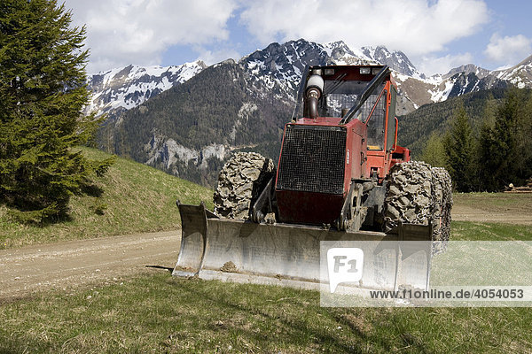 Schwere Landmaschine steht in einem Forst um Holz vom Windschlag abzutransportieren  Steiermark  Österreich  Europa