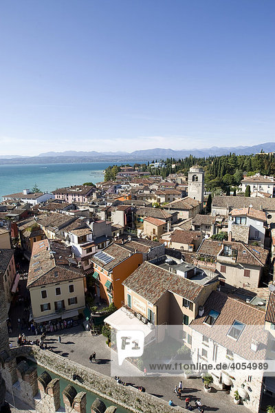 Panoramic view over the historic centre of Sirmione with the Santa Maria Maggiore Church  facing north  Lake Garda at back  Lago di Garda  Lombardy  Italy  Europe