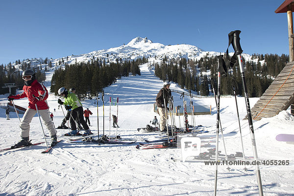 Skiers leaving their skis at the Grubigalm hut for Apres Ski  Lermoos  Tyrol  Austria  Europe