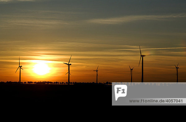 Windkrafträder als Silhouetten in der Abendsonne  Schwerin  Mecklenburg-Vorpommern  Deutschland  Europa