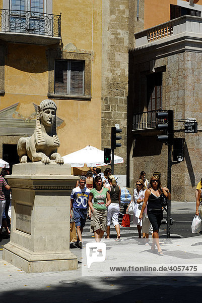 Sphinx and pedestrians on the Passeig des Born  historic city centre  Ciutat Antiga  Palma de Mallorca  Mallorca  Balearic Islands  Spain  Europe