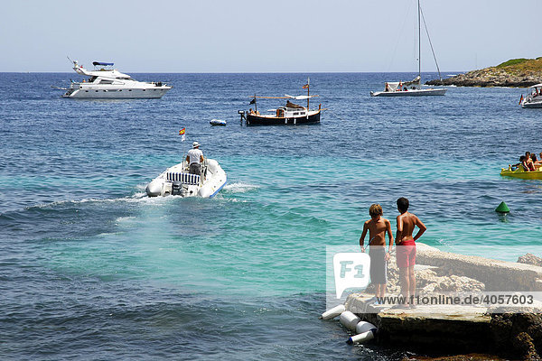 Boats on the Mediterranean coast  Playa  Platja de Ses Illetes  tourism in a bay west of Palma de Majorca  Balearic Islands  Spain  Europe