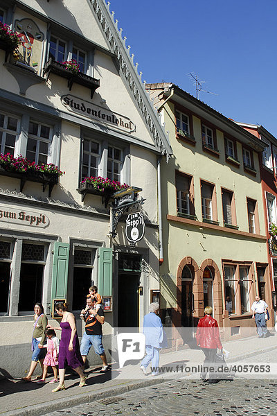 Facades of the historic student's pub Zum Seppel  on the main road  historic center of Heidelberg  Neckar Valley  Baden-Wuerttemberg  Germany  Europe