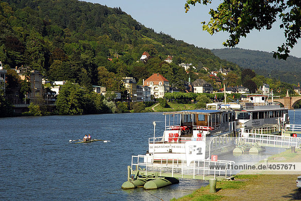 Cruise vessel on the Neckar River  elegant residential area at the hillocked river side in the back  Heidelberg  Neckar Valley  Baden-Wuerttemberg  Germany  Europe