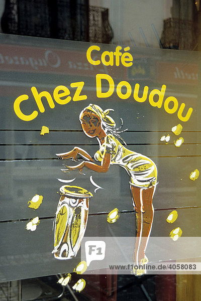 Cafe Chez Doudou  Zeichnung auf einem Cafe-Fenster  Rue Longue Vie  Matonge  Ixelles  Brüssel  Belgien  Benelux  Europa