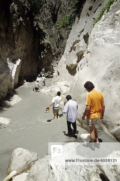 Hikers in the Saklikent Canyon  Esen Cay River gorge  rock canyon in the Akdagi Mountains  Fethiye  Mugla Province  Turkey