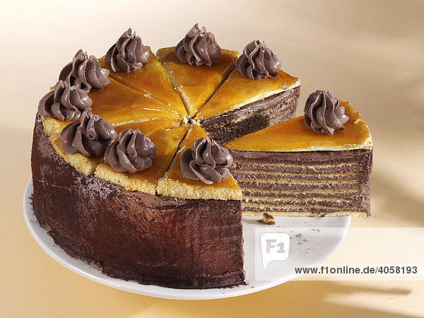 Sliced Dobos Cake on a plate  Hungarian dobostorta  made of layers of sponge cake and choclate cream with caramel icing