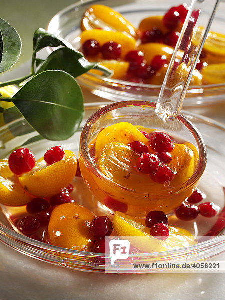 Kumquats and cranberries in vodka in glass bowls with a ladle