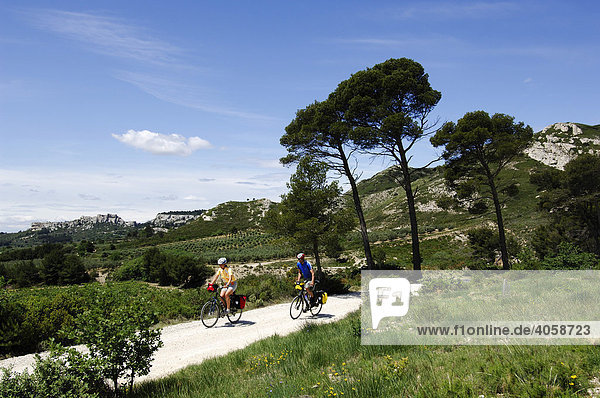 Cyclists near Les Baux de Provence  Provence  France  Europe