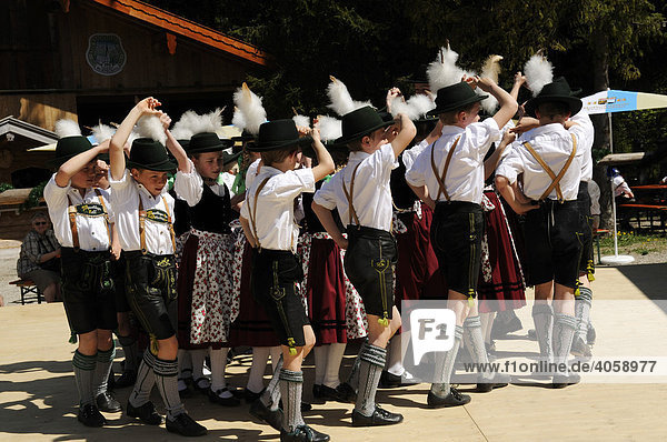 Folk dance during a folk festival in traditional dress in Ruhpolding  Chiemgau  Bavaria  Germany  Europe