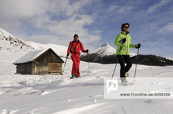 Snowshoe hikers on the Alpe Nemes Alps in the High Puster Valley or Alto Pusteria  Bolzano-Bozen  Italy  Europe