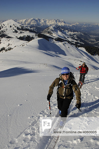 Ski hikers on a tour up Mount Brechhorn view of the Wilder Kaiser Range Spertental Valley Tyrol Austria Europe