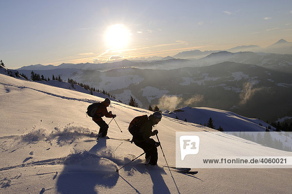 Ski hikers on a tour  descent from Mount Brechhorn  Spertental Valley  Tyrol  Austria  Europe