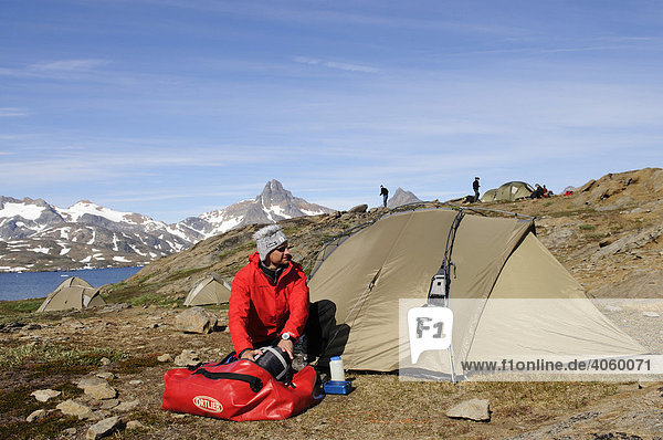 Trekker  tent  camping in Ikasartivaq-Fjord  East Greenland  Greenland