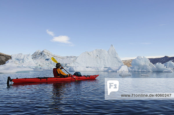 Icebergs and kayaker in the Stoklund-Fjord  East Greenland  Greenland