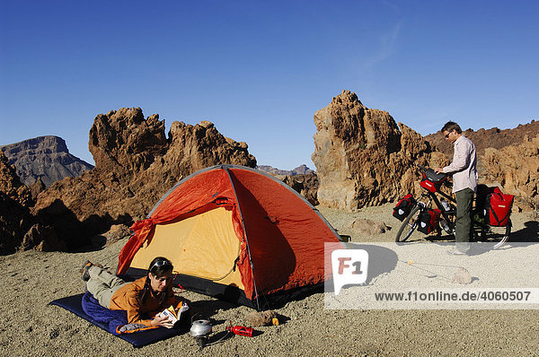 Bicyclists camping in the Teide Mountains  Tenerife  Canary Islands  Spain  Europe