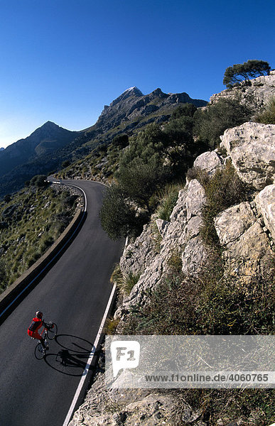 Racing biker on Mt Puig Major  Majorca  Spain  Europe