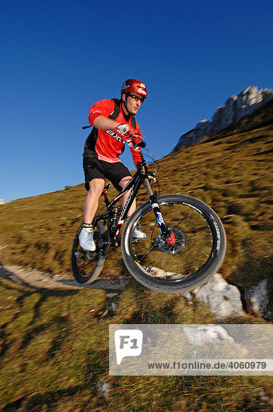 Marcus Klausmann  Mountainbiker auf der Kampenwand  Chiemgau  Bayern  Deutschland  Europa