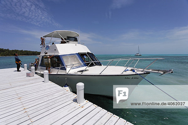 Taucherboot am Anlegesteg vor Insel und Naturpark Half Moon Cay  Turneffe Atoll  Belize  Zentralamerika  Karibik
