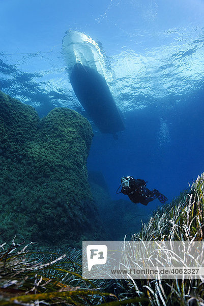 Scuba diver under a dive boat swimming above Neptune Grass (Posidonia oceanica)  Paphos  Cyprus  Asia  Mediterranean Sea