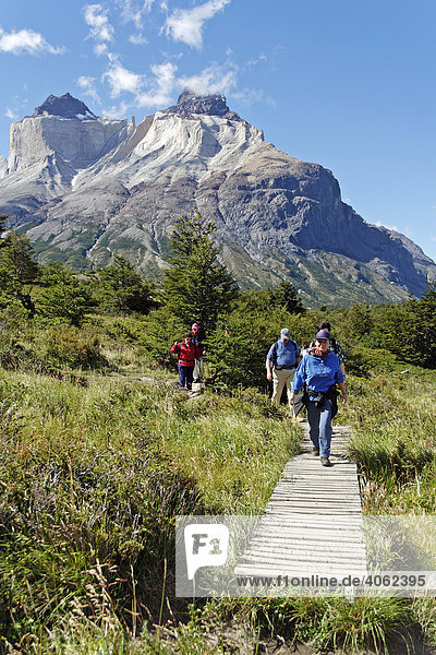 Hikers in the Valle del Frances  Torres del Paine National Park  Patagonia  Chile  South America