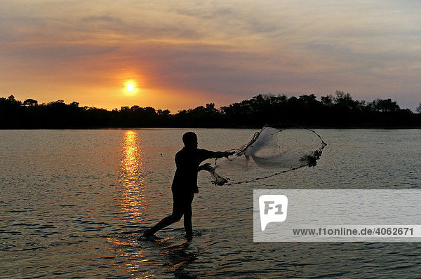 Angler at sunset  Janie Creek  Cape York Peninsula  Queensland  Australia