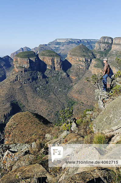 Man in front of rock formation Three Rondavels  Blyde River Canyon  Mpumalanga  South Africa  Africa