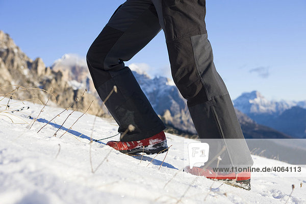 Wanderers legs in snow ante Ampezzan Dolomites  Passo di Giau  Belluno  Italy  Europe