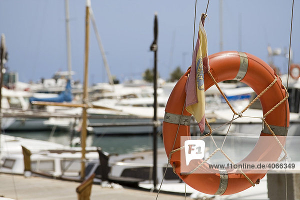 Life ring with Spanish flag  detail  Colonia Sant Jordi harbour  Majorca  Balearic Islands  Spain  Europe