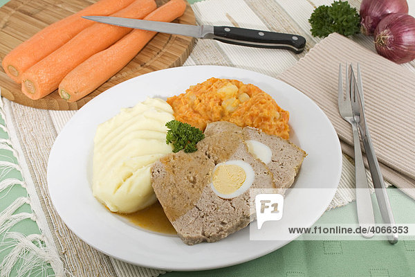 Meat loaf  mashed carrots  mashed potatoes  peeled carrots  Chef's knife and red onions