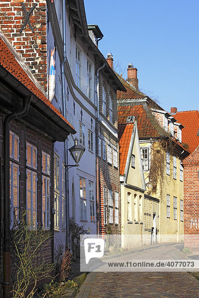 Romantische Gasse mit alten Häusern und Kopfsteinpflaster in der Lüneburger Altstadt  historische Häuser in Lüneburg  Hansestadt Lüneburg  Niedersachsen  Deutschland  Europa