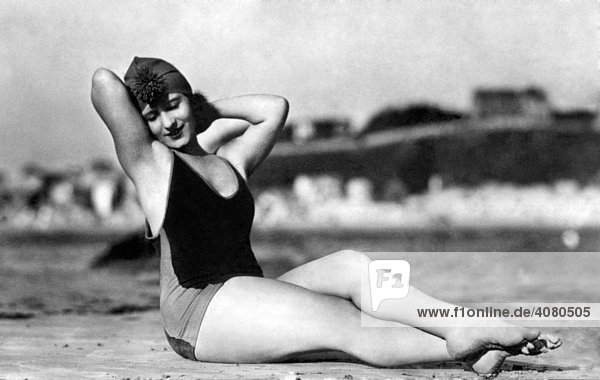 Woman wearing a bathing suit  historic photograph  around 1930
