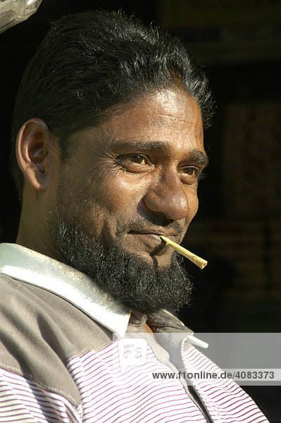 Portrait smiling Indian man with full beard and a stick in his mouth Karauli Rajasthan India