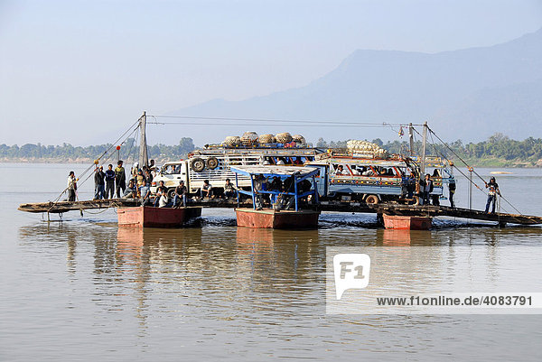 Adventurous ferry for cars across the Mekong River Champasak Laos