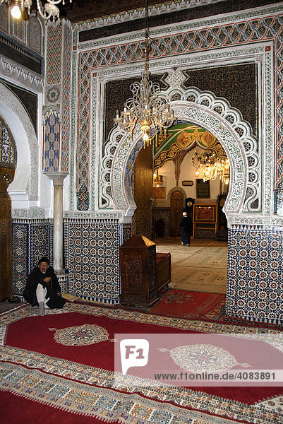 Oriental decorated entrance of mosque mausoleum Zawiya Moulay Idriss II Fes El-Bali Morocco