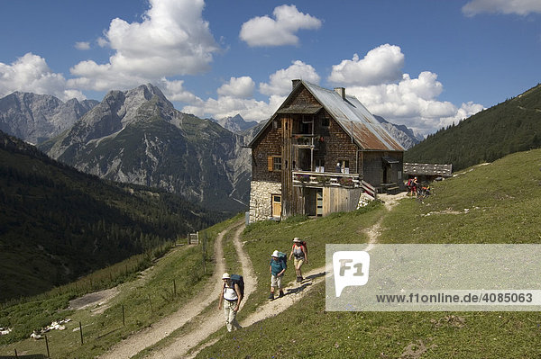Plumsjochhuette lodge the way to the Plumsjoch in the Eng Karwendel Mountain National Park Rissbach valley Tyrol Austria