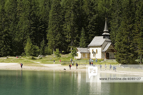 At the Pragser Lake Lago di Braies in the Puster valley South Tyrol Suedtirol Italy