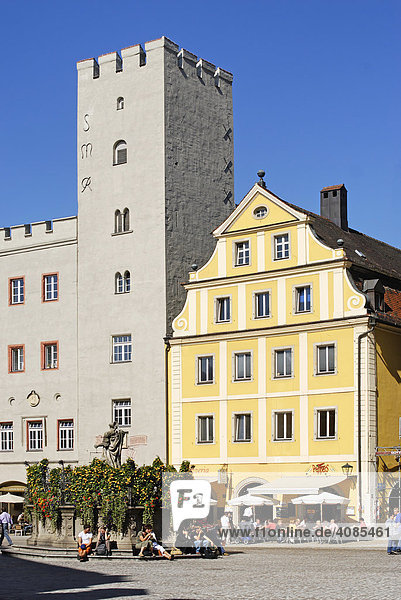 Regensburg Upper Palatinate Bavaria Germany Haidplatz with the dynasty tower of the former inn Goldenes Kreuz