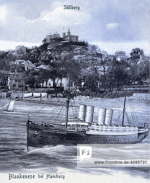 Historic postcard about 1900 Blankenese on the Elbe near Hamburg under Suellberg with the steam jacht of the German crown prince Wilhelm Germany