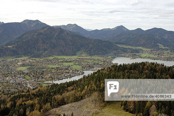 View from the Riederstein to the Tegernsee valley with the Tegernsee Upper Bavaria Germany