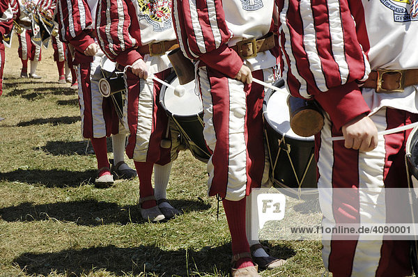 Drums drummers with red white clothes march lock-steps  knight festival Kaltenberger Ritterspiele  Kaltenberg  Upper Bavaria  Germany