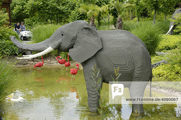 Elefant made of Lego is standing in water  theme park Legoland  Guenzburg  Germany