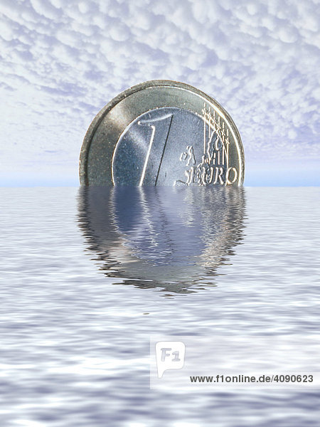 1-Euromünze versinkt in den Fluten