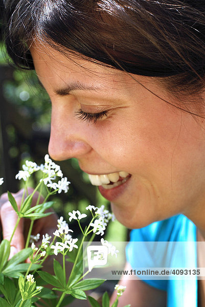 Junge Frau lächelt und riecht an Blume Waldmeister galium odoratum