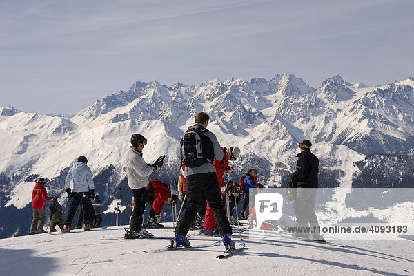 Skier in the Alps  before the ski-run  Veysonnaz  4 Valleez  Valais  Switzerland